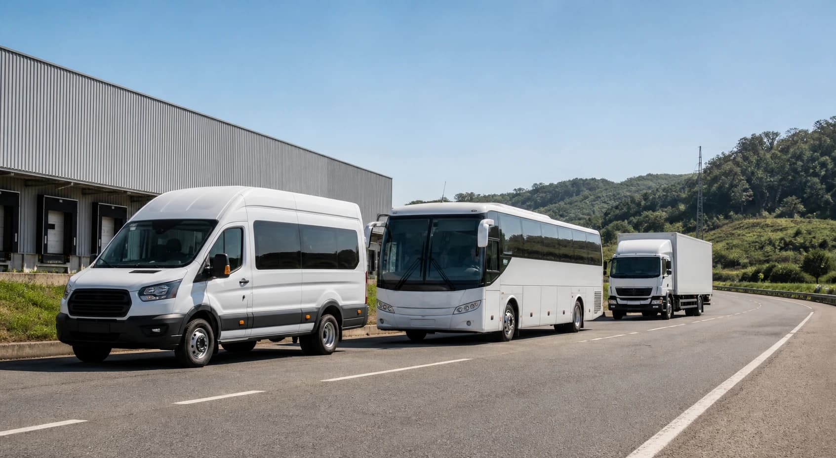 Van, ônibus e caminhão em uma estrada operacional
