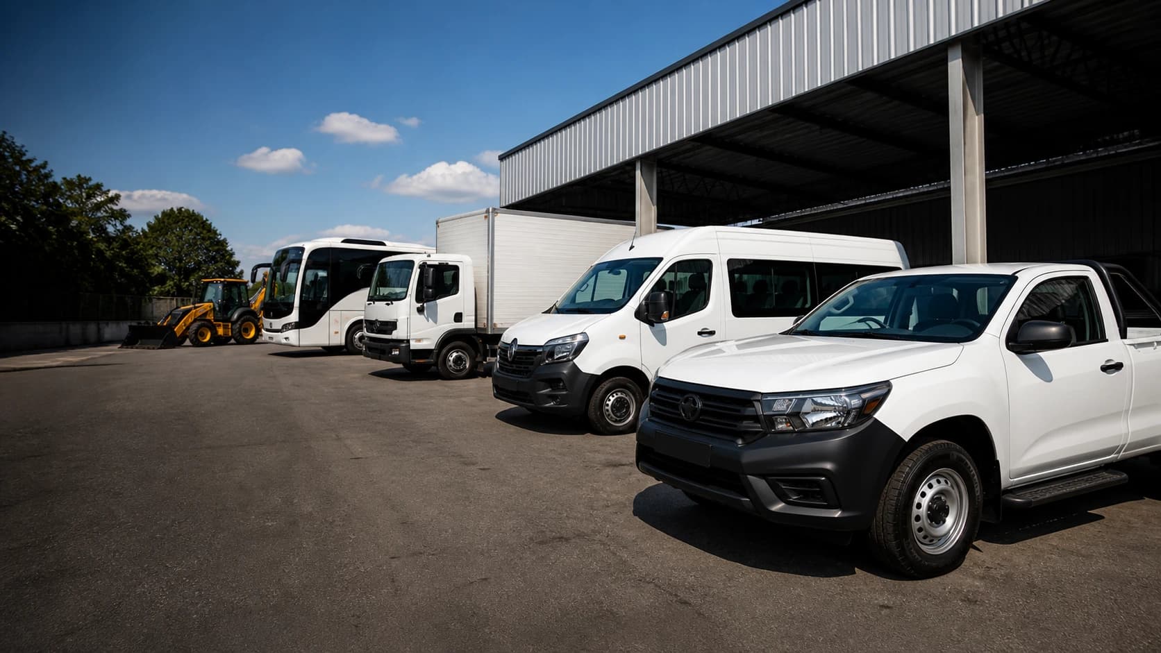 Picape, van, caminhão, ônibus e retroescavadeira em uma base operacional